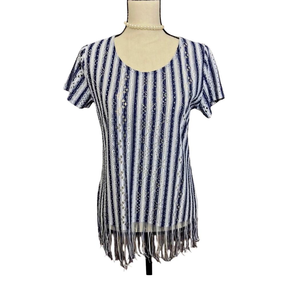 Chico's navy blue and white striped short-sleeve crochet top with a fringe hem